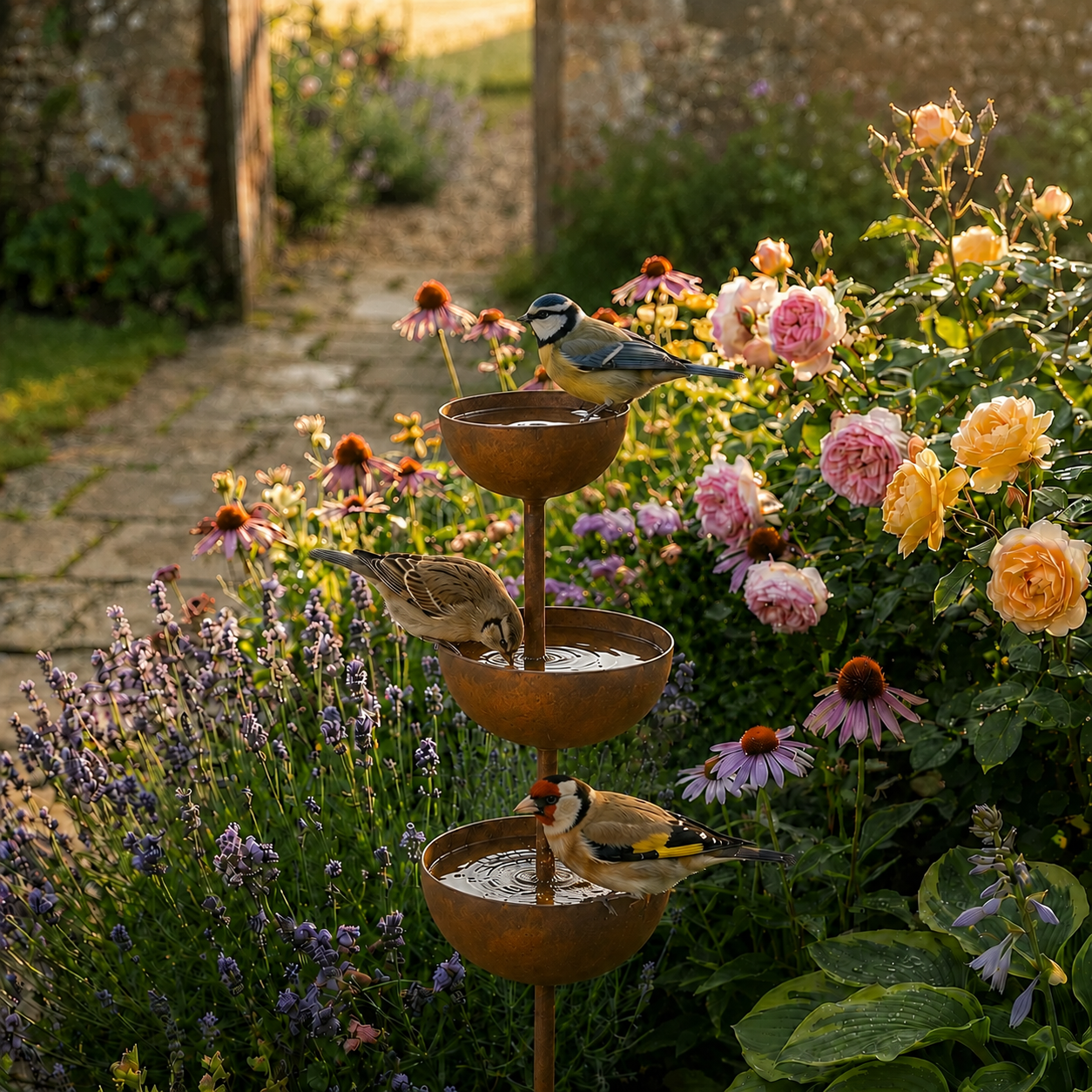 Bain d'oiseaux rustique en cuivre sur pic de jardin