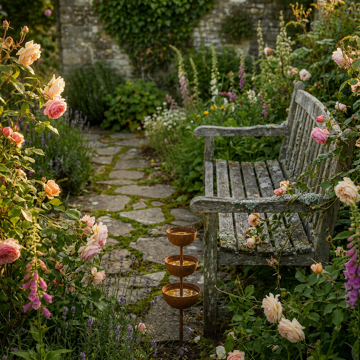 Bain d'oiseaux rustique en cuivre sur pic de jardin