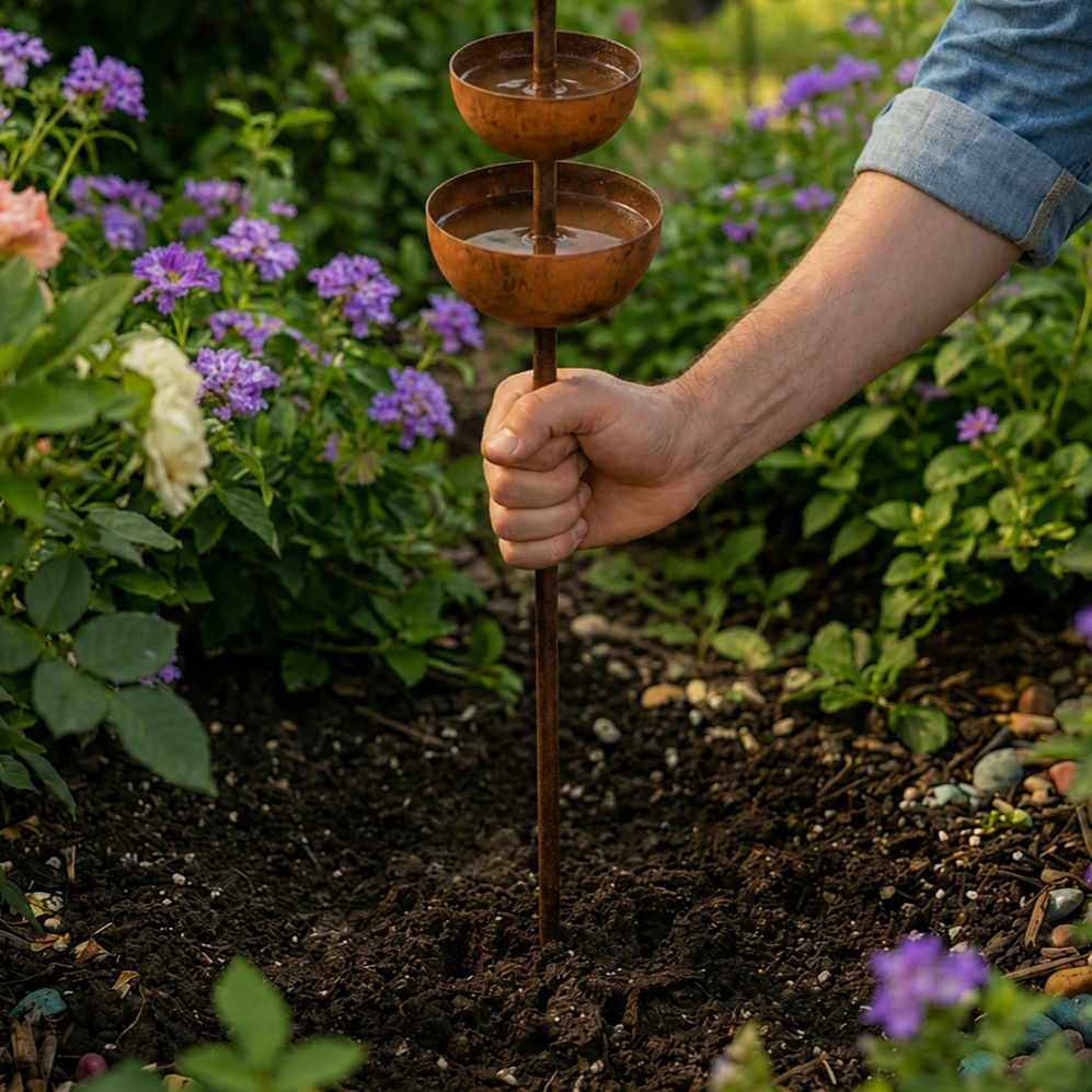Bain d'oiseaux rustique en cuivre sur pic de jardin