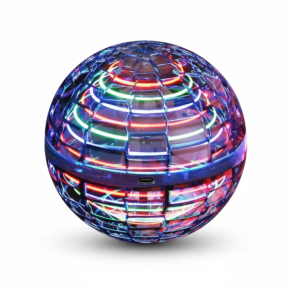 Ballon volant orbe aérodynamique avec effets LED, rotation 360° et fonction boomerang, corps résistant et recharge USB rapide