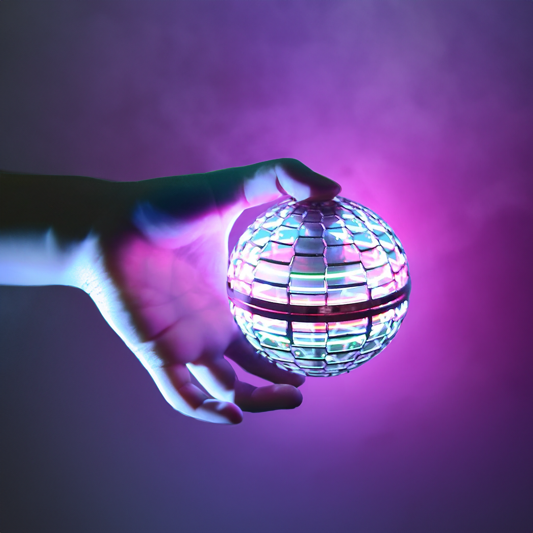 Ballon volant orbe aérodynamique avec effets LED, rotation 360° et fonction boomerang, corps résistant et recharge USB rapide