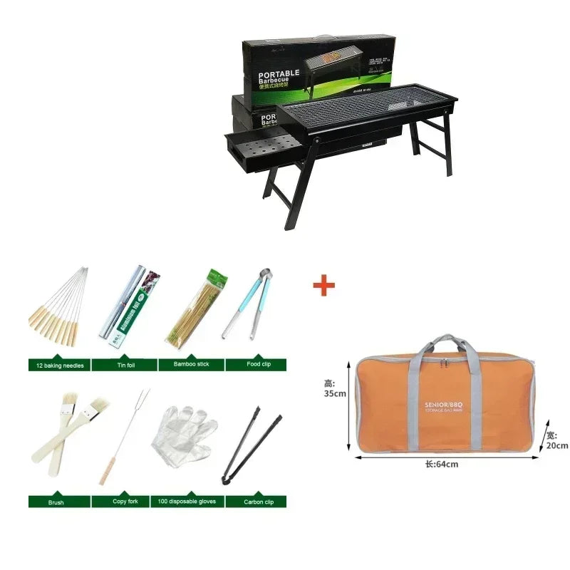 Barbecue au charbon de bois pliant, portable et stable, pour extérieur, camping et pique-nique, 60 × 20 × 31,5 cm