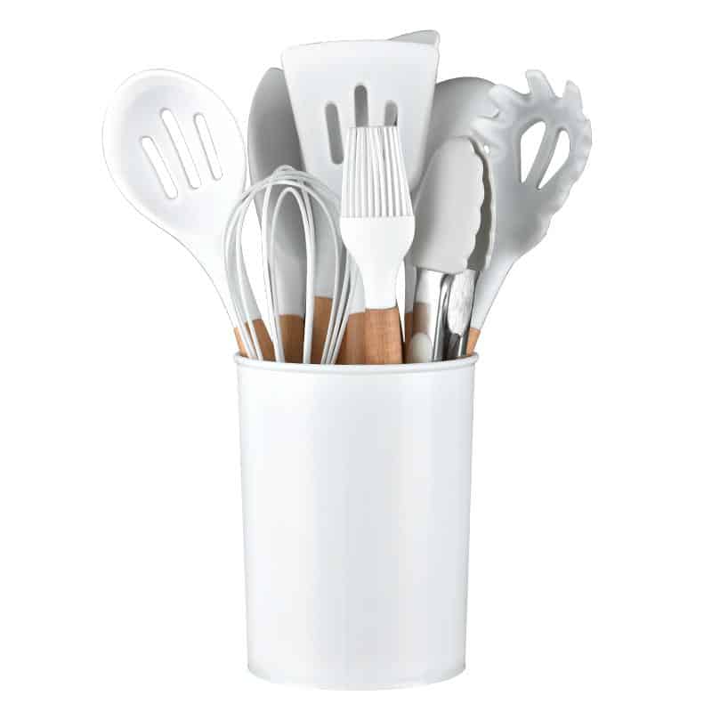Batterie de cuisine 11 pièces en bois et silicone avec support noir ou blanc