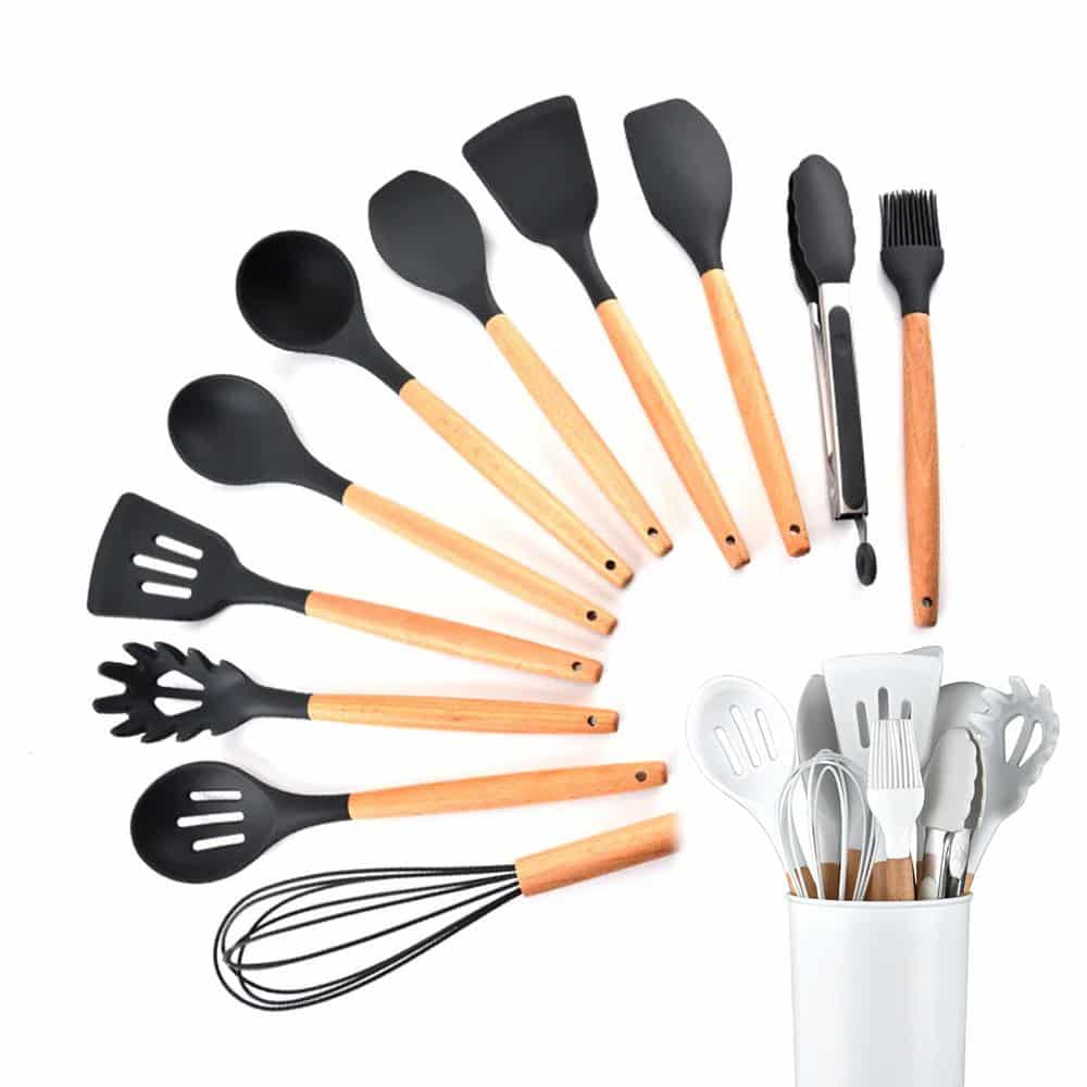 Batterie de cuisine 11 pièces en bois et silicone avec support noir ou blanc