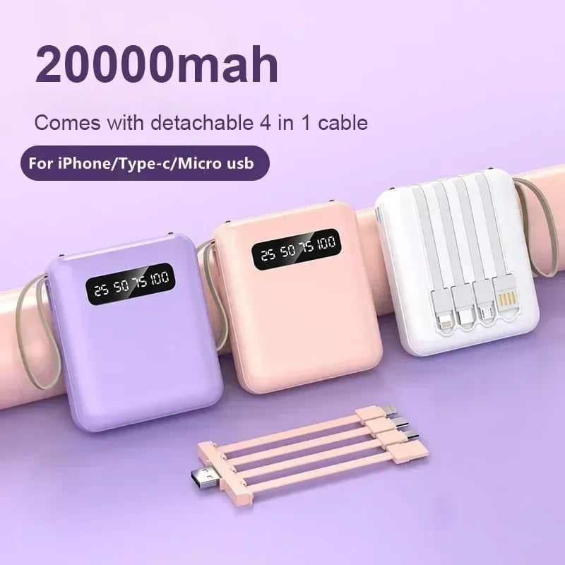Batterie externe 4-en-1 - Charge rapide USB-C - 10000 et 20000 mAh - Noir, blanc et violet