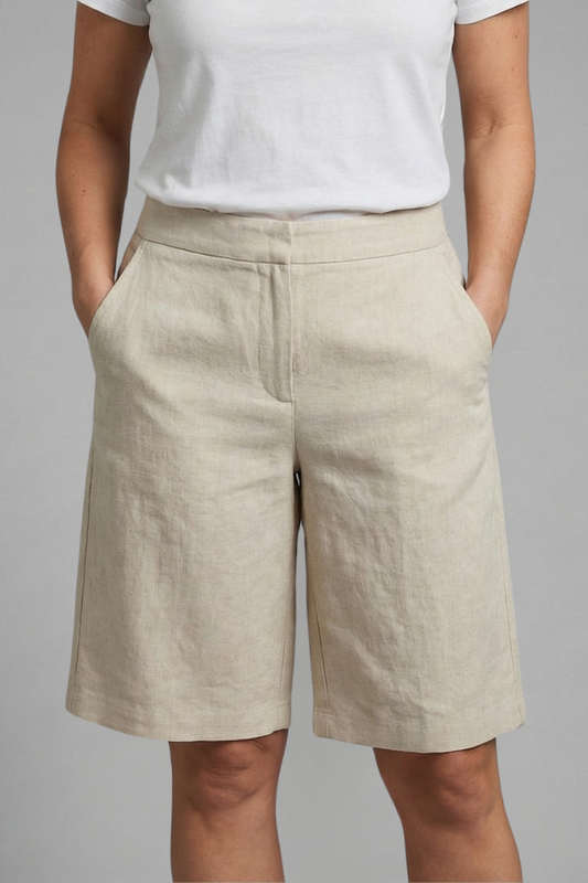 Bermuda casual femme longueur genou taille ajustable et poches, tissu léger et confortable