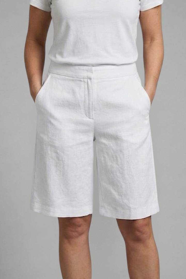 Bermuda casual femme longueur genou taille ajustable et poches, tissu léger et confortable