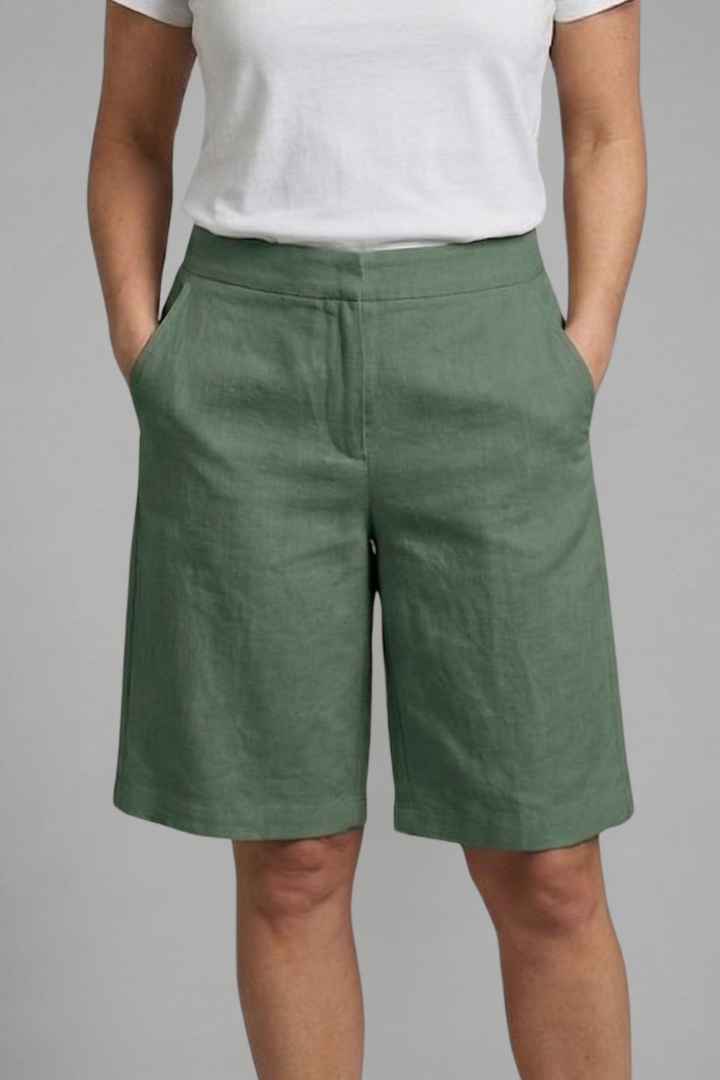 Bermuda casual femme longueur genou taille ajustable et poches, tissu léger et confortable