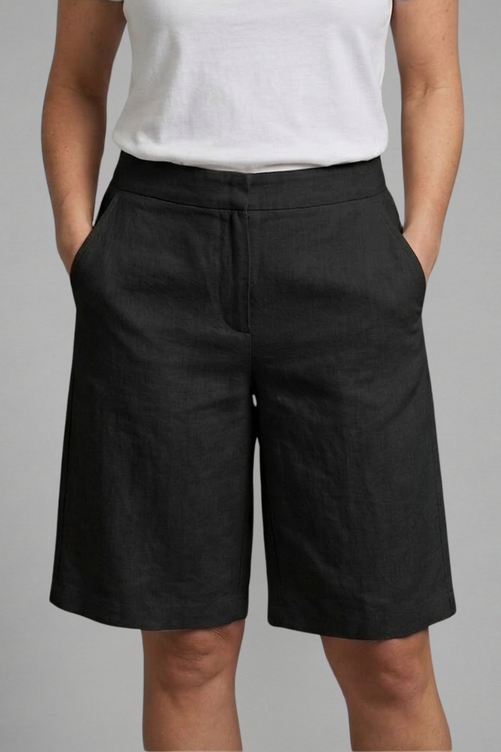 Bermuda casual femme longueur genou taille ajustable et poches, tissu léger et confortable