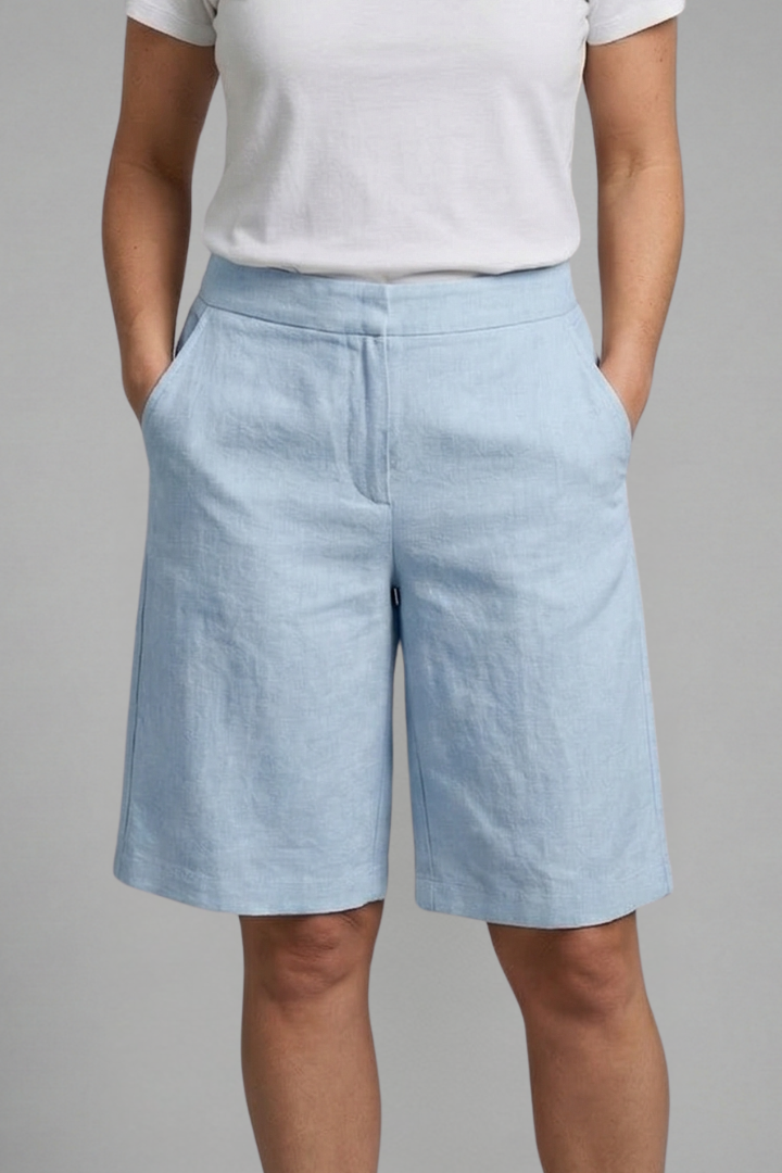 Bermuda casual femme longueur genou taille ajustable et poches, tissu léger et confortable