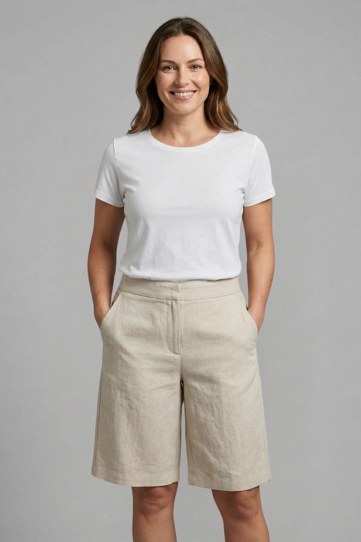 Bermuda casual femme longueur genou taille ajustable et poches, tissu léger et confortable