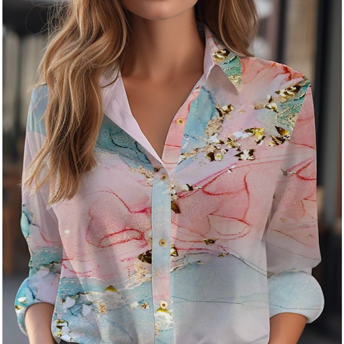 Blouse ample à motif floral, manches longues et fermeture boutonnée