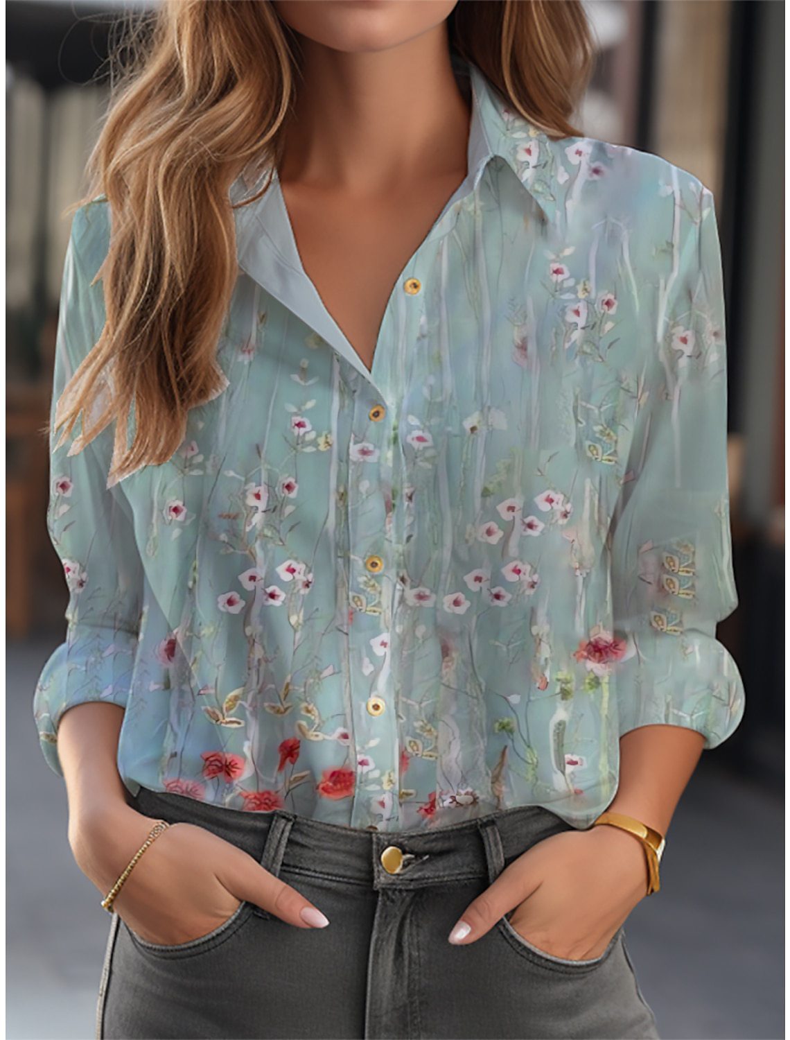 Blouse ample à motif floral, manches longues et fermeture boutonnée