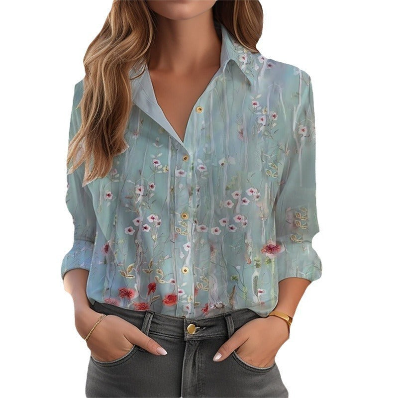Blouse ample à motif floral, manches longues et fermeture boutonnée