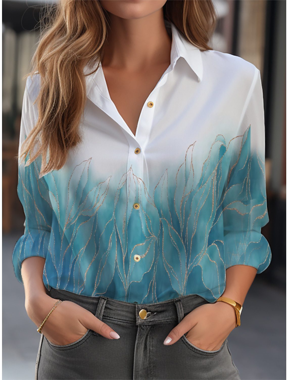 Blouse ample à motif floral, manches longues et fermeture boutonnée