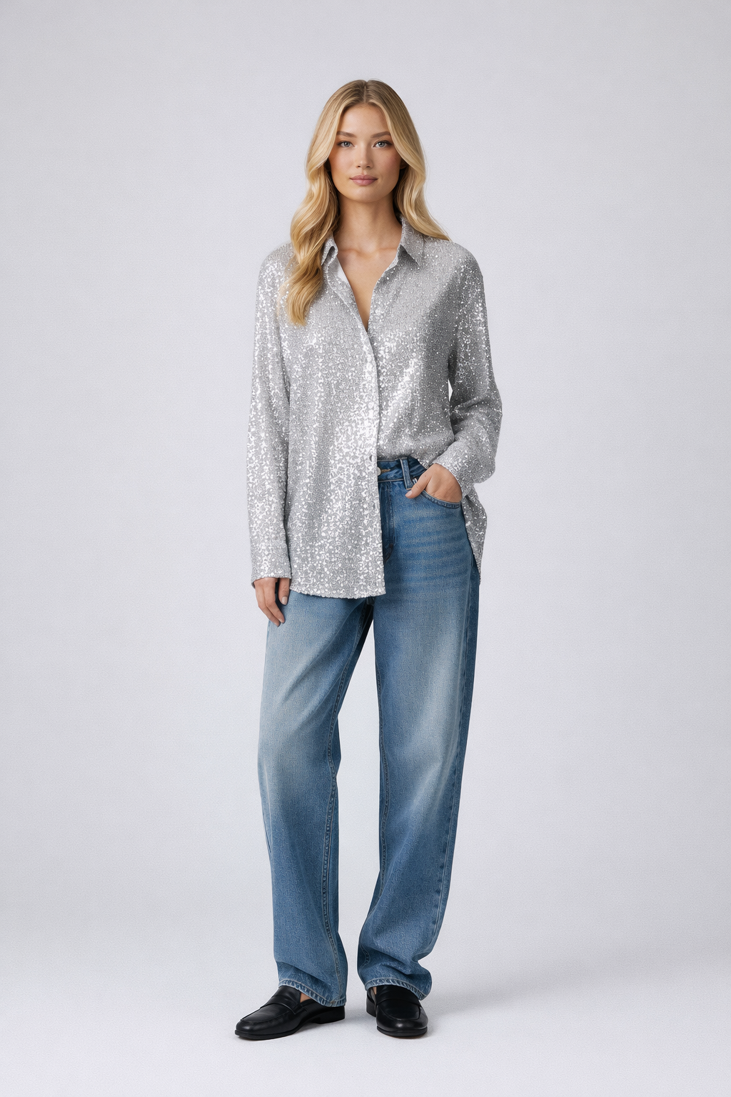 Blouse argentée coupe décontractée pour femme à éclat métallisé