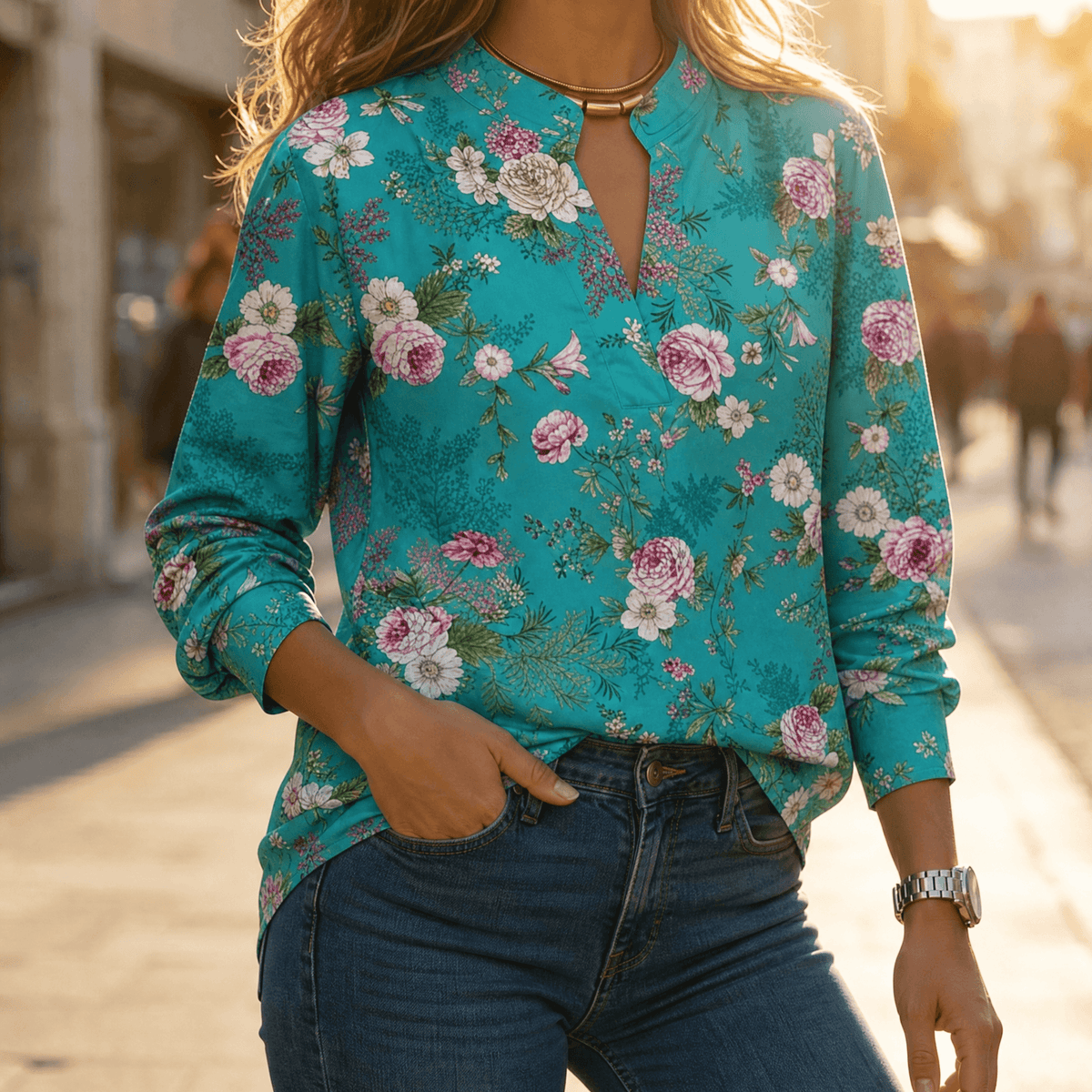 Blouse col V motif floral aquarelle