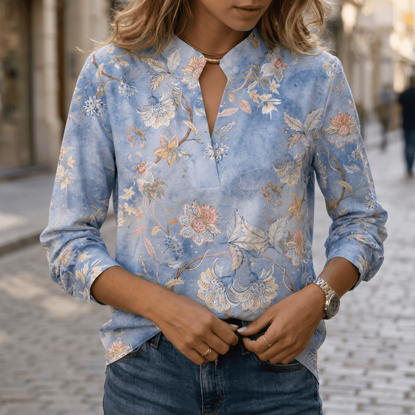 Blouse col V motif floral aquarelle