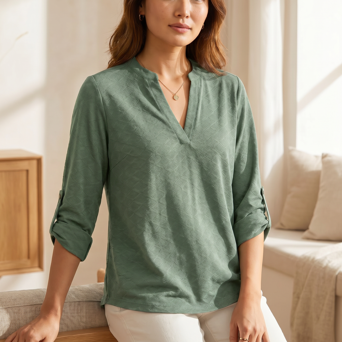 Blouse douce col en V pour femme | Top élégant à manches longues