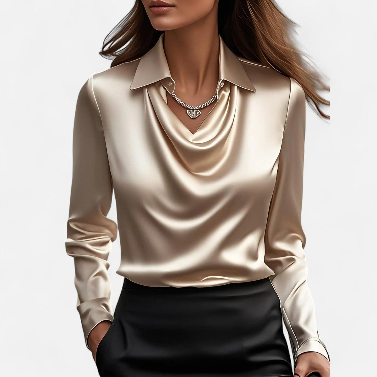 Blouse en satin pour femme avec col drapé – Élégance raffinée, style intemporel