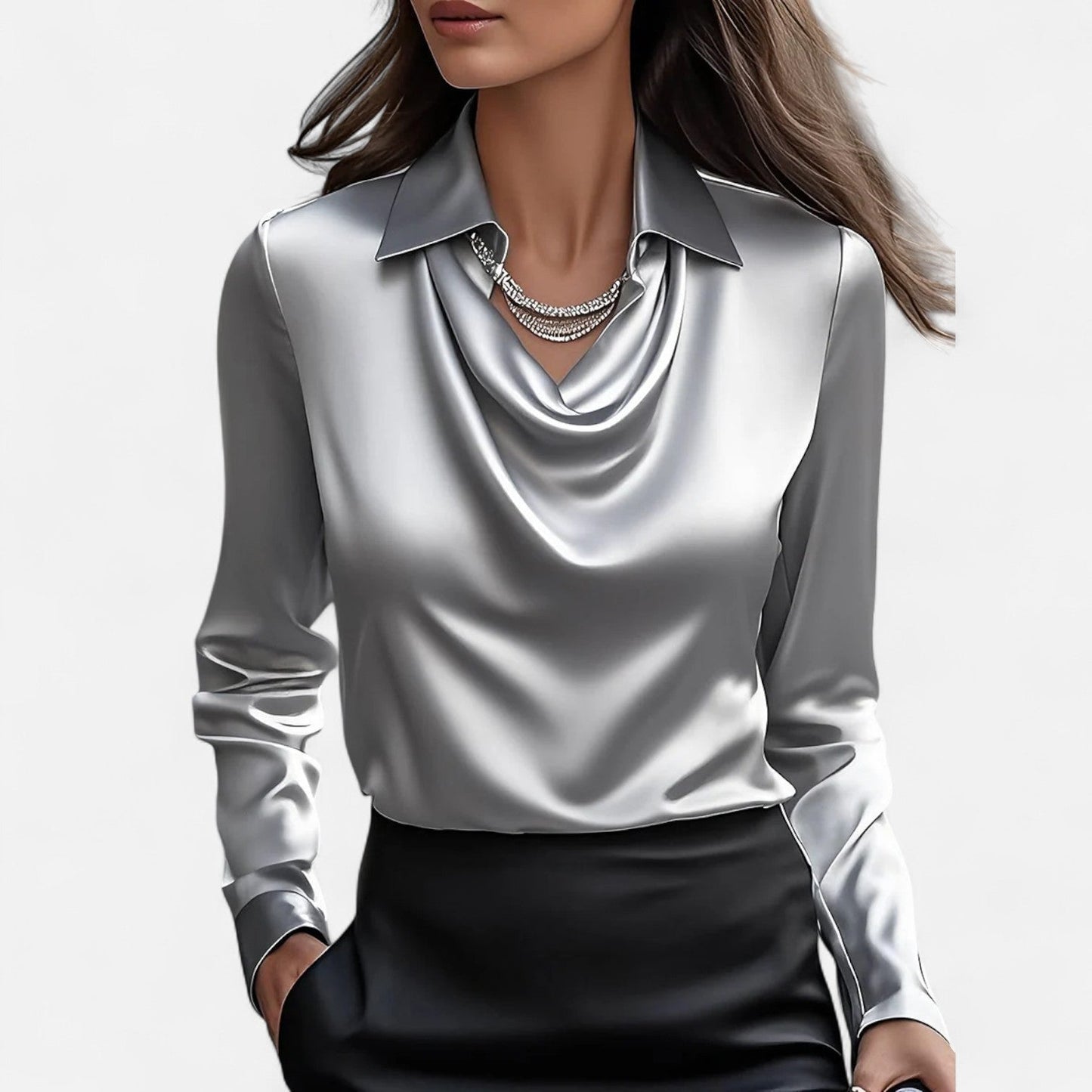 Blouse en satin pour femme avec col drapé – Élégance raffinée, style intemporel