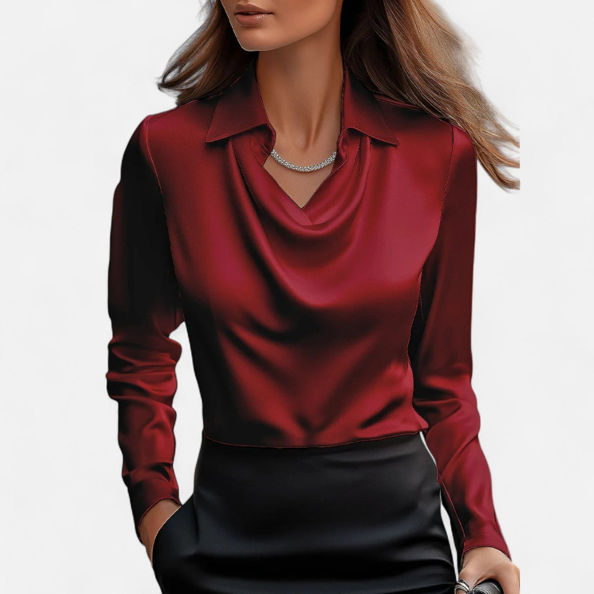 Blouse en satin pour femme avec col drapé – Élégance raffinée, style intemporel