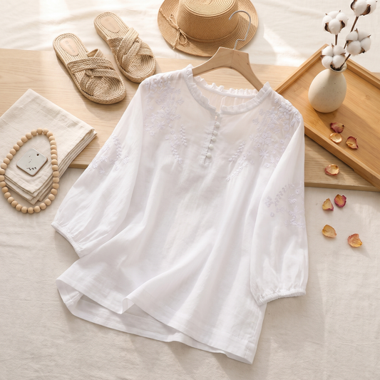 Blouse femme à broderie florale et boutons devant