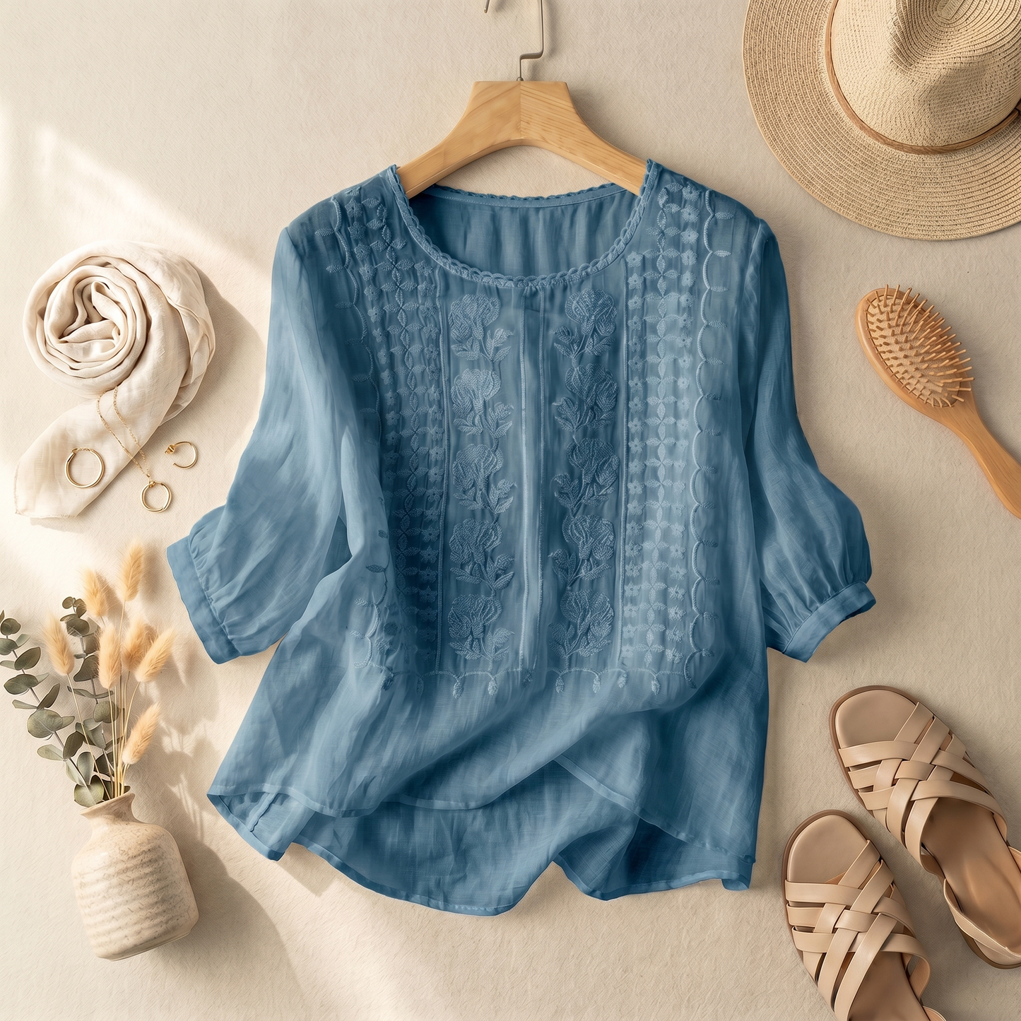 Blouse femme à broderie florale, t-shirt d'été coupe ample respirant