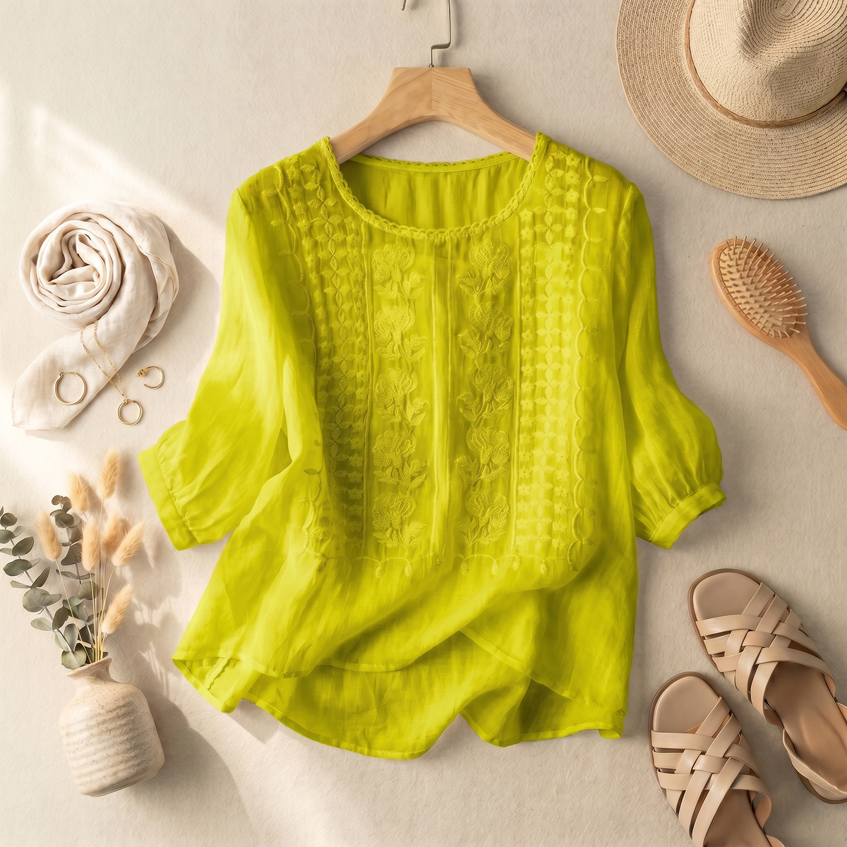 Blouse femme à broderie florale, t-shirt d'été coupe ample respirant