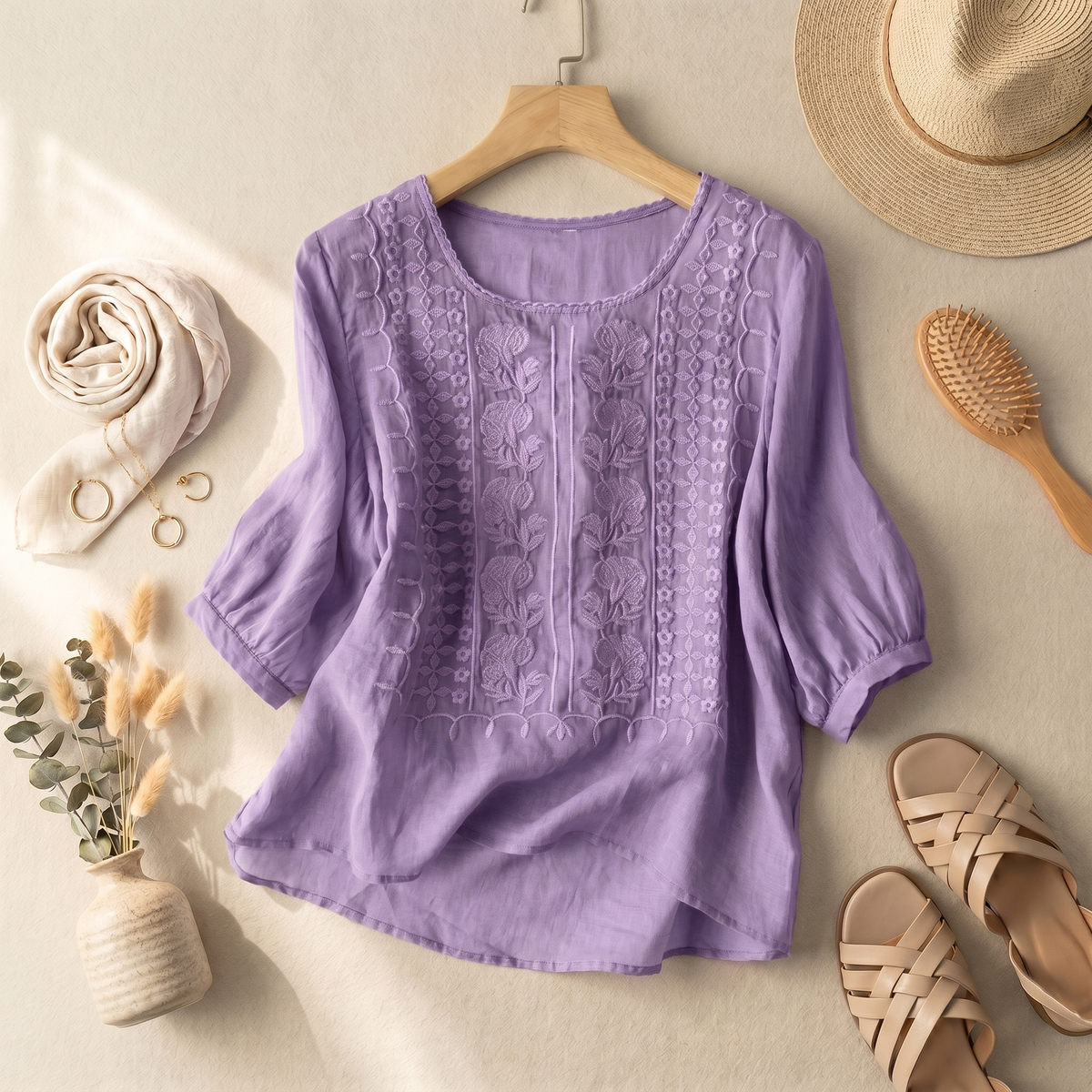 Blouse femme à broderie florale, t-shirt d'été coupe ample respirant