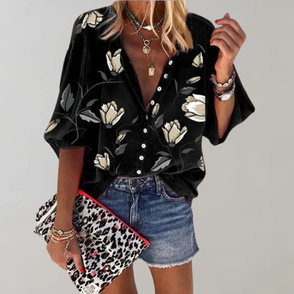 Blouse femme à imprimé floral – Manches longues et fermeture boutonnée