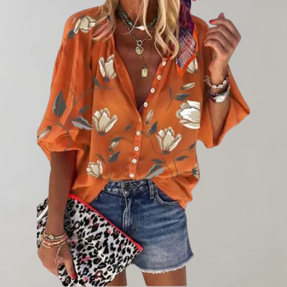 Blouse femme à imprimé floral – Manches longues et fermeture boutonnée