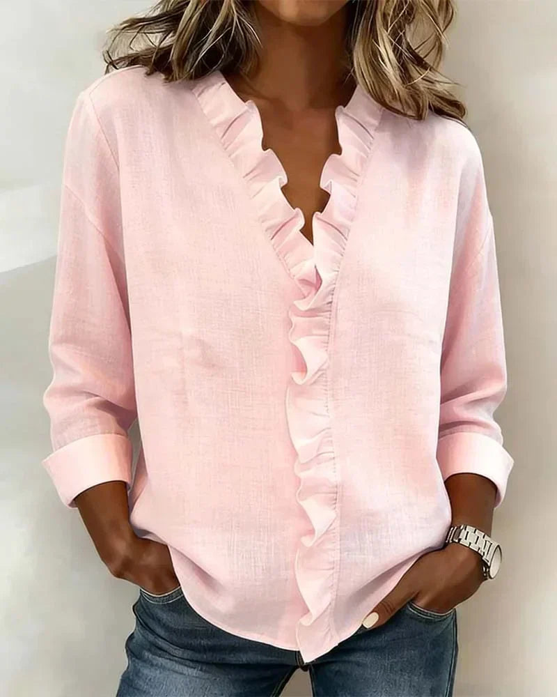 Blouse femme à manches longues, col en V et volants