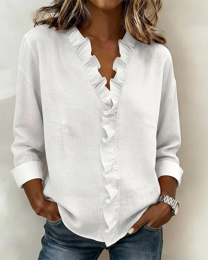 Blouse femme à manches longues, col en V et volants