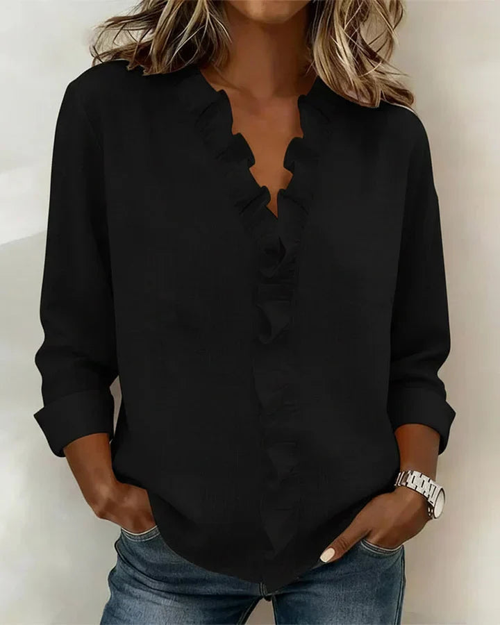 Blouse femme à manches longues, col en V et volants