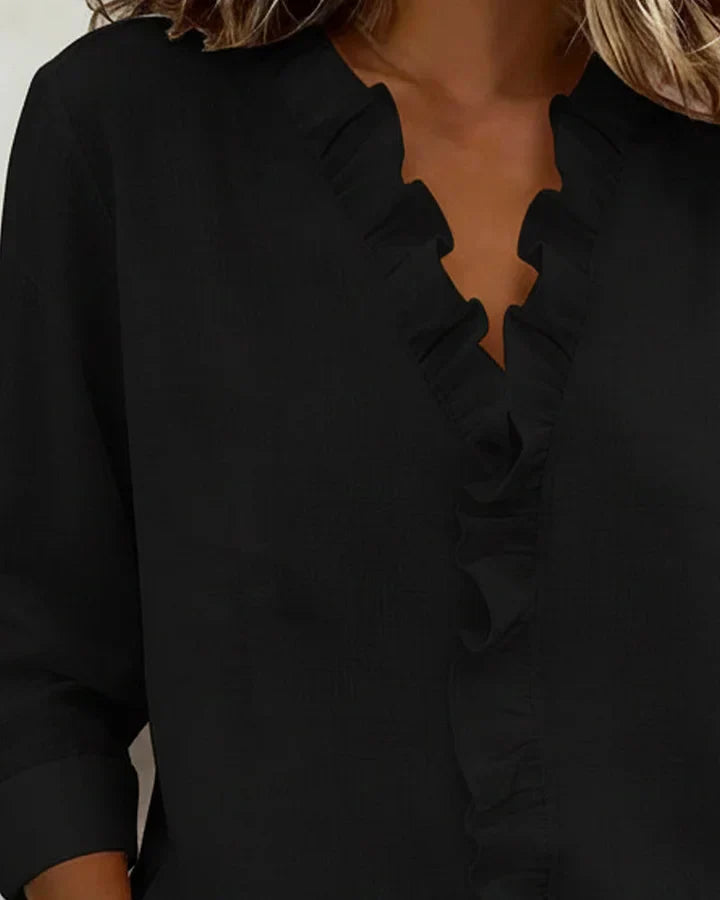 Blouse femme à manches longues, col en V et volants