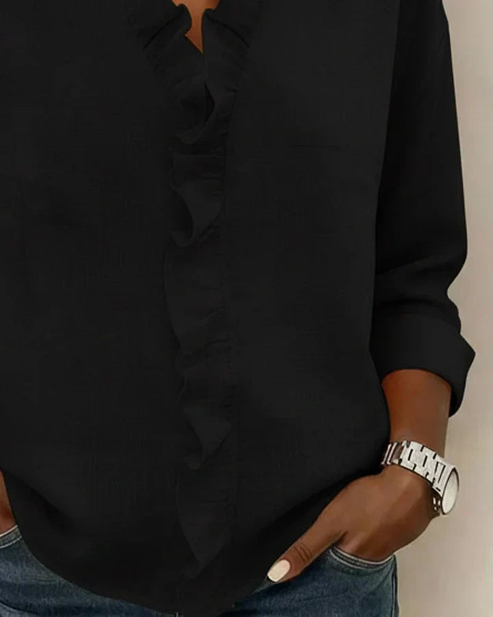 Blouse femme à manches longues, col en V et volants