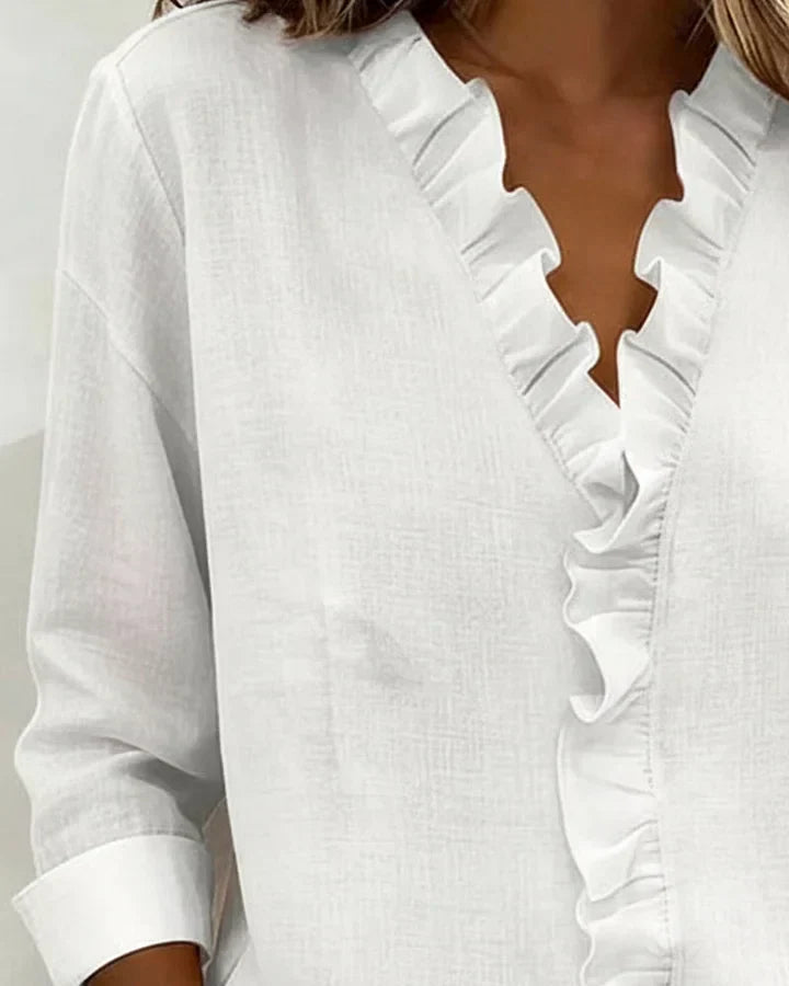Blouse femme à manches longues, col en V et volants