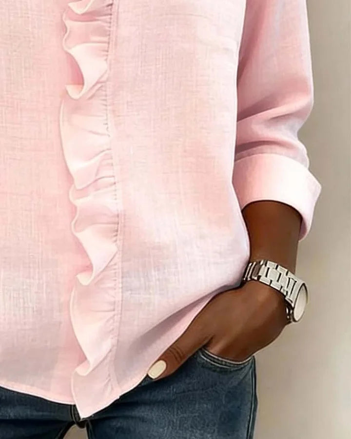 Blouse femme à manches longues, col en V et volants