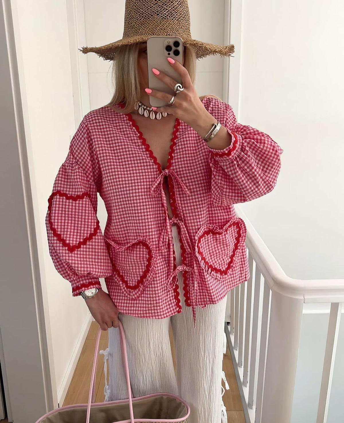 Blouse ouverte devant à carreaux vichy pour femme