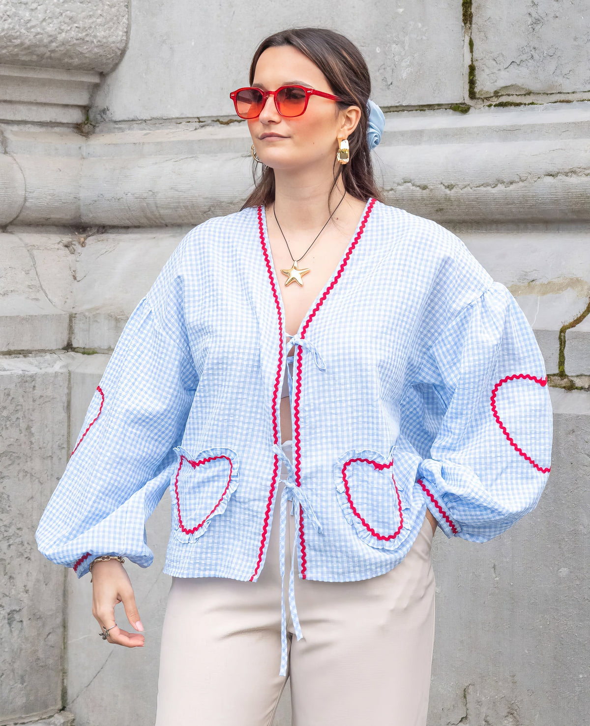 Blouse ouverte devant à carreaux vichy pour femme