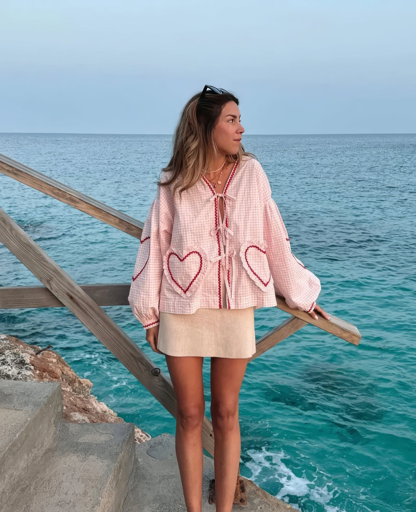 Blouse ouverte devant à carreaux vichy pour femme