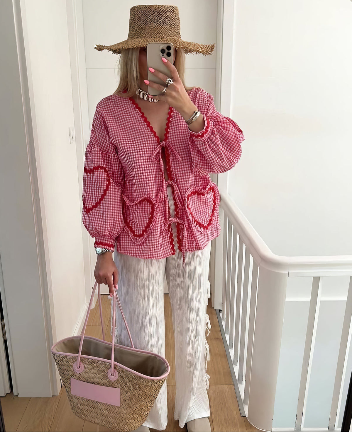 Blouse ouverte devant à carreaux vichy pour femme