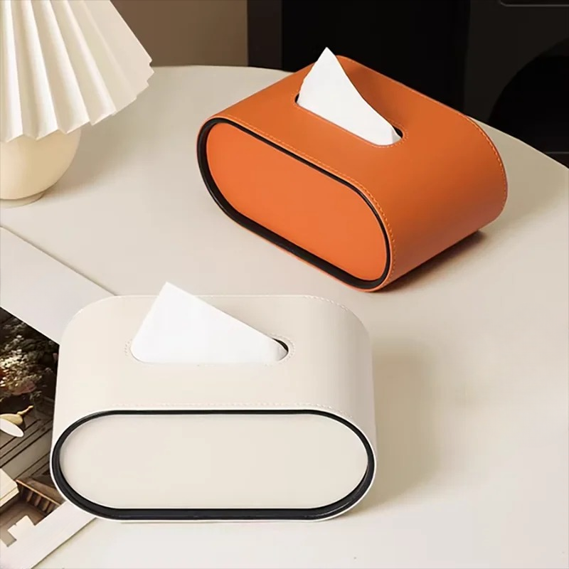 Boîte à mouchoirs ovale en cuir orange, porte-mouchoirs pour bureau et salon, décoration moderne luxe