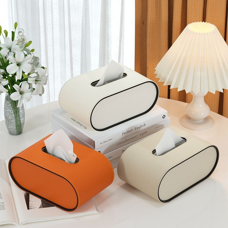 Boîte à mouchoirs ovale en cuir orange, porte-mouchoirs pour bureau et salon, décoration moderne luxe