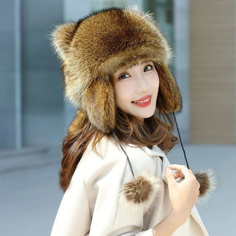 Bonnet d'hiver en fourrure avec pompons
