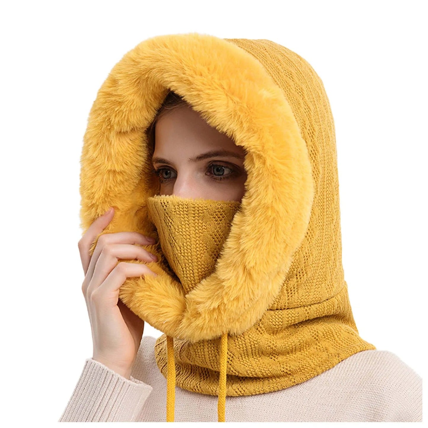 Bonnet tricoté pour femme en fourrure avec couvre-visage