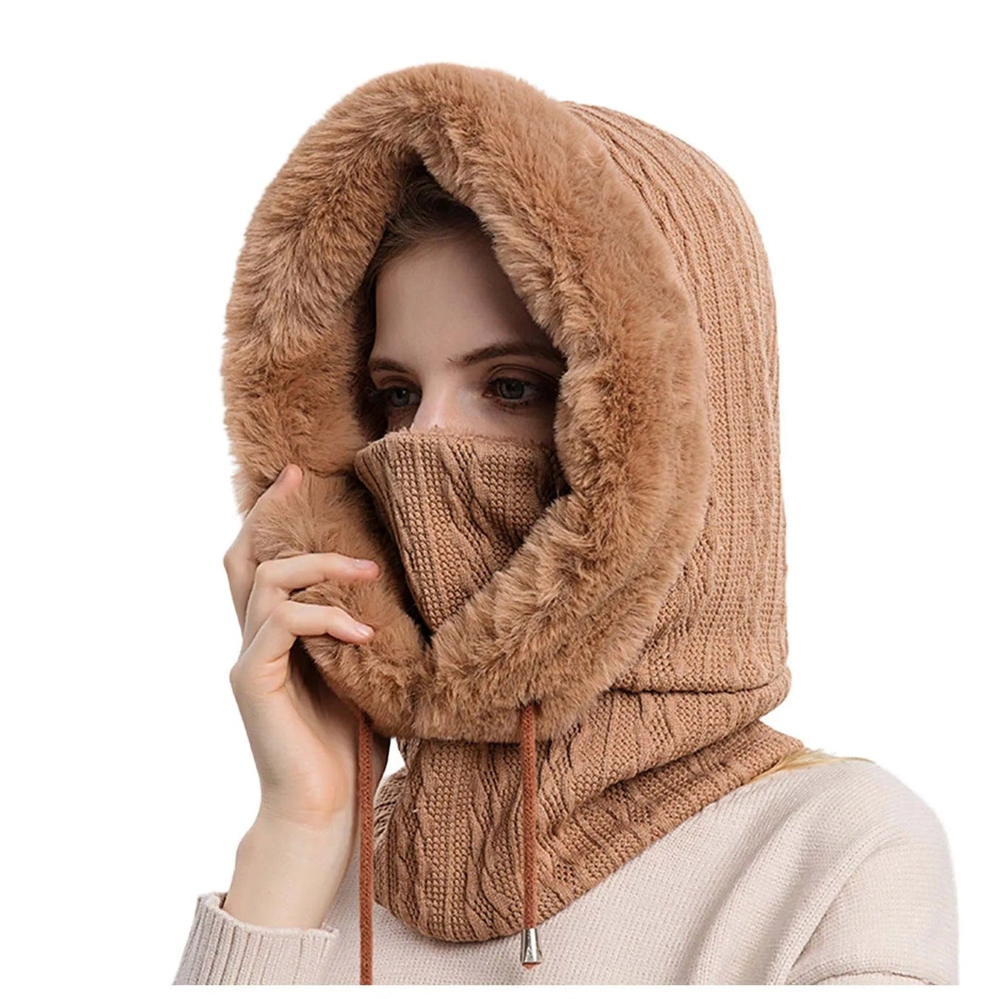 Bonnet tricoté pour femme en fourrure avec couvre-visage