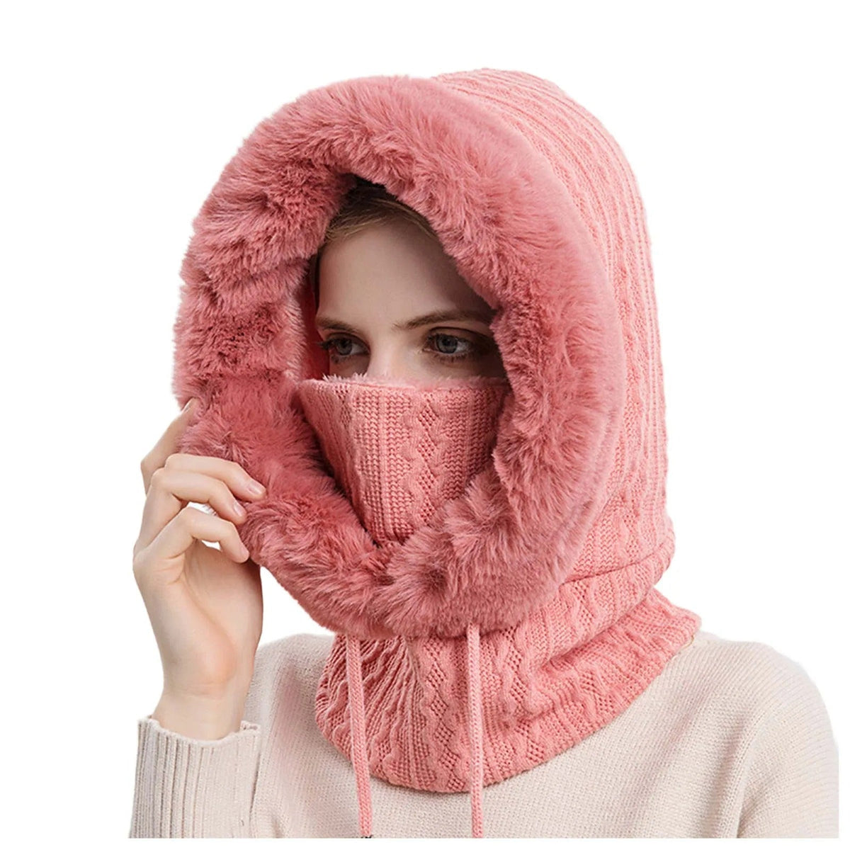 Bonnet tricoté pour femme en fourrure avec couvre-visage