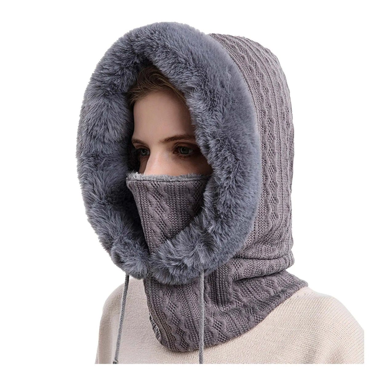 Bonnet tricoté pour femme en fourrure avec couvre-visage